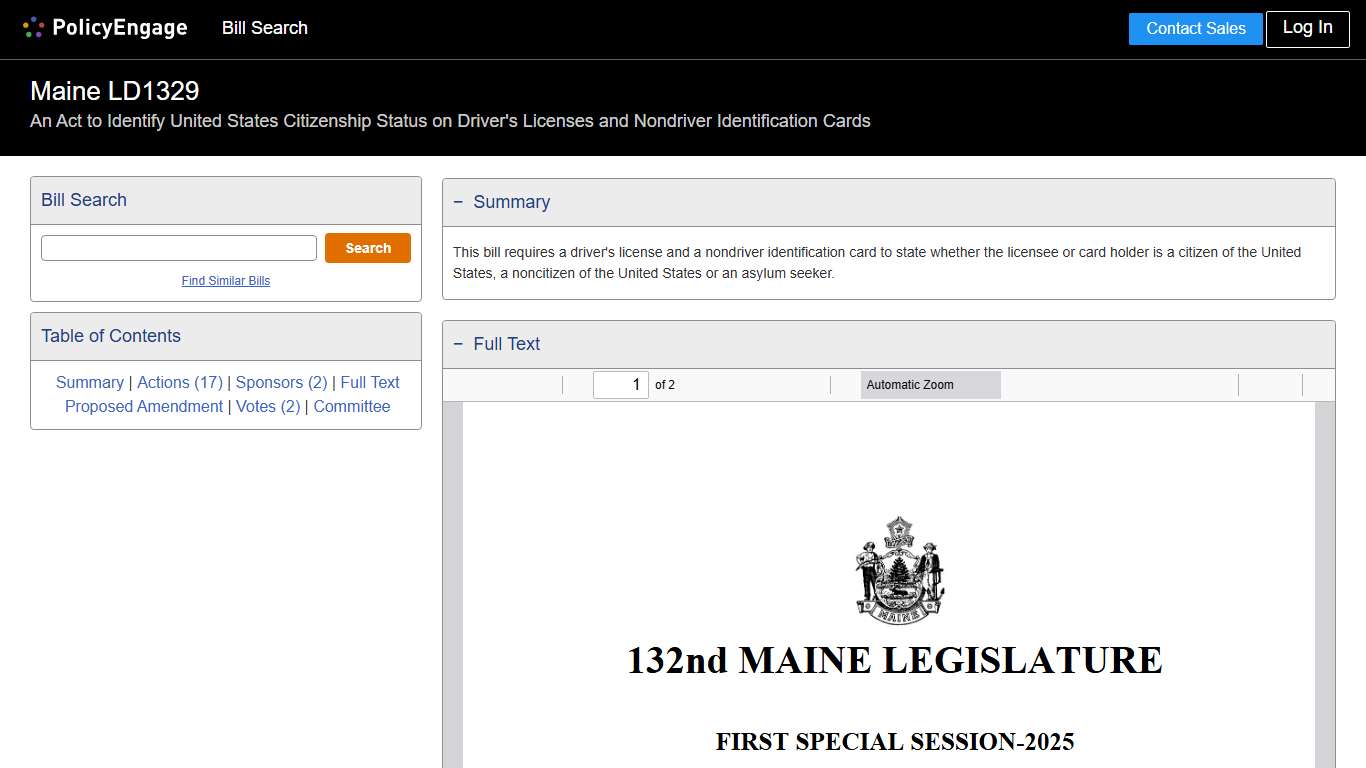 LD1329 Maine 2025-2026 An Act to Identify United States Citizenship Status on Driver's Licenses and Nondriver Identification Cards - Legislative Tracking PolicyEngage